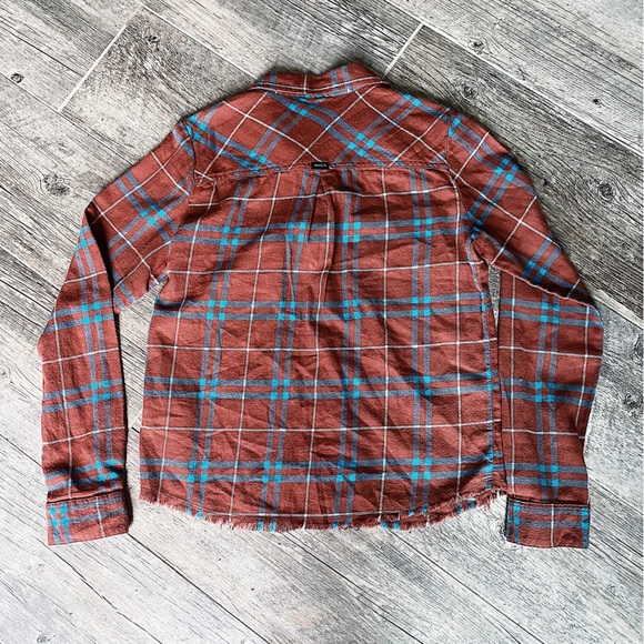 RVCA women’s in a haze rust long sleeve button down raw hem flannel shirt - Picture 6 of 8